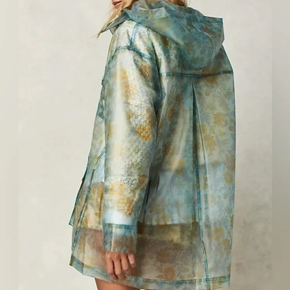 Free People Festival Teal and Yellow Floral Oversized Raincoat EUC Size XS - Picture 3 of 9